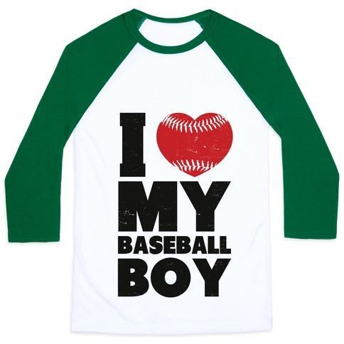 Virgin Teez  Baseball Tee Unisex Classic Baseball Tee / x-small / White/Dark Green I LOVE MY BASEBALL BOY UNISEX CLASSIC BASEBALL TEE