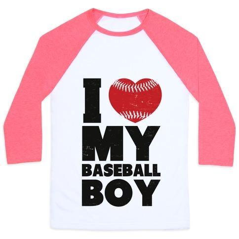 Virgin Teez  Baseball Tee Unisex Classic Baseball Tee / x-small / White/Neon Pink I LOVE MY BASEBALL BOY UNISEX CLASSIC BASEBALL TEE