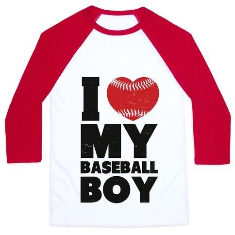 Virgin Teez  Baseball Tee Unisex Classic Baseball Tee / x-small / White/Red I LOVE MY BASEBALL BOY UNISEX CLASSIC BASEBALL TEE