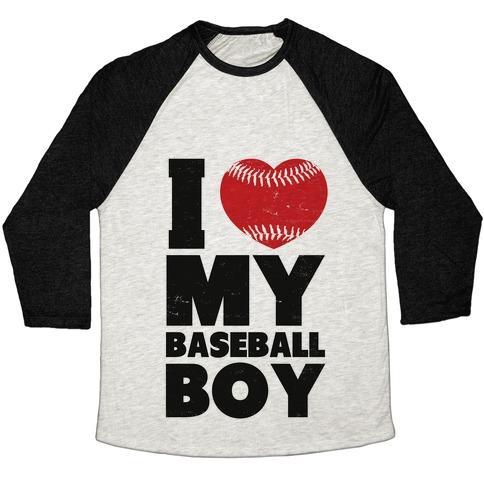 Virgin Teez  Baseball Tee Unisex Tri-Blend Baseball Tee / small / Oatmeal / Black I LOVE MY BASEBALL BOY UNISEX TRI-BLEND BASEBALL TEE