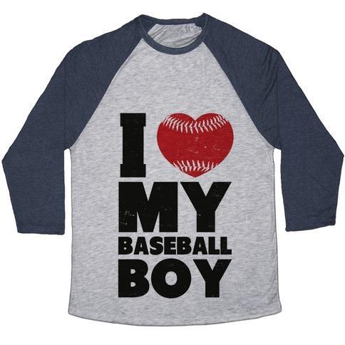 Virgin Teez  Baseball Tee Unisex Tri-Blend Baseball Tee / small / Athletic Gray / Navy I LOVE MY BASEBALL BOY UNISEX TRI-BLEND BASEBALL TEE