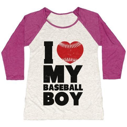 Virgin Teez  Baseball Tee Women's Tri-Blend Baseball Tee / small / Oatmeal / Berry I LOVE MY BASEBALL BOY WOMEN'S TRI-BLEND BASEBALL TEE