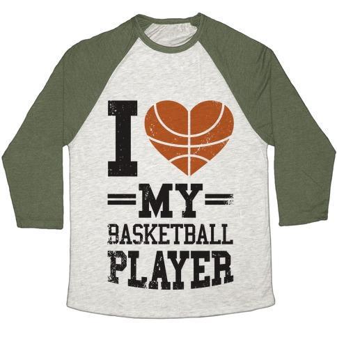 Virgin Teez  Baseball Tee Unisex Tri-Blend Baseball Tee / small / Oatmeal / Moss I LOVE MY BASKETBALL PLAYER UNISEX TRI-BLEND BASEBALL TEE