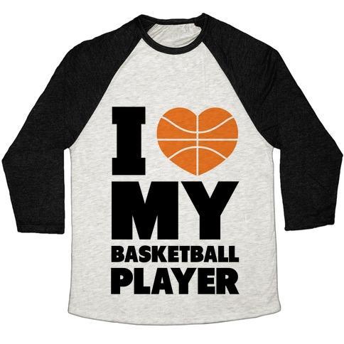 Virgin Teez  Baseball Tee Unisex Tri-Blend Baseball Tee / small / Oatmeal / Black I LOVE MY BASKETBALL PLAYER UNISEX TRI-BLEND BASEBALL TEE