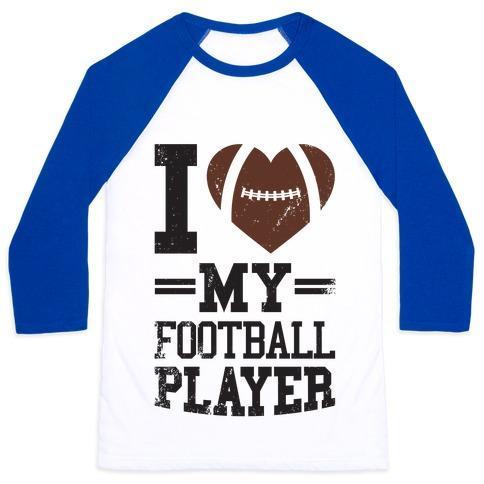 Virgin Teez  Baseball Tee Unisex Classic Baseball Tee / x-small / White/Blue I LOVE MY FOOTBALL PLAYER UNISEX CLASSIC BASEBALL TEE
