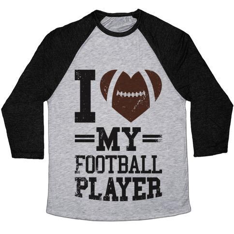 Virgin Teez  Baseball Tee Unisex Tri-Blend Baseball Tee / small / Athletic Gray / Black I LOVE MY FOOTBALL PLAYER UNISEX TRI-BLEND BASEBALL TEE