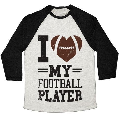 Virgin Teez  Baseball Tee Unisex Tri-Blend Baseball Tee / small / Oatmeal / Black I LOVE MY FOOTBALL PLAYER UNISEX TRI-BLEND BASEBALL TEE
