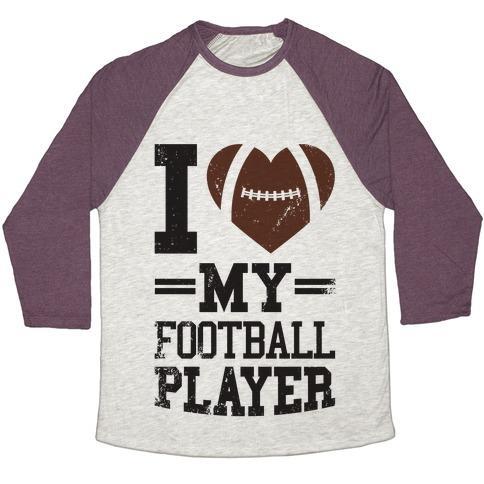 Virgin Teez  Baseball Tee Unisex Tri-Blend Baseball Tee / small / Oatmeal / Maroon I LOVE MY FOOTBALL PLAYER UNISEX TRI-BLEND BASEBALL TEE