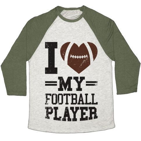 Virgin Teez  Baseball Tee Unisex Tri-Blend Baseball Tee / small / Oatmeal / Moss I LOVE MY FOOTBALL PLAYER UNISEX TRI-BLEND BASEBALL TEE