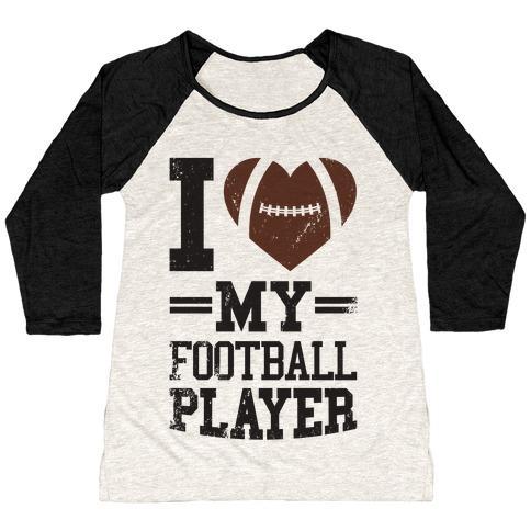 Virgin Teez  Baseball Tee Women's Tri-Blend Baseball Tee / small / Oatmeal / Black I LOVE MY FOOTBALL PLAYER WOMEN'S TRI-BLEND BASEBALL TEE