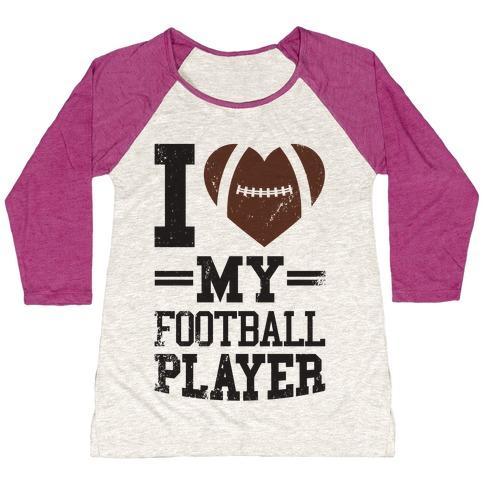 Virgin Teez  Baseball Tee Women's Tri-Blend Baseball Tee / small / Oatmeal / Berry I LOVE MY FOOTBALL PLAYER WOMEN'S TRI-BLEND BASEBALL TEE
