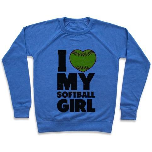 Virgin Teez  Pullover Crewneck Sweatshirt / x-small / Heathered Blue I LOVE MY SOFTBALL GIRL (BASEBALL SHIRT) CREWNECK SWEATSHIRT