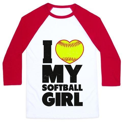 Virgin Teez  Baseball Tee Unisex Classic Baseball Tee / x-small / White/Red I LOVE MY SOFTBALL GIRL (BASEBALL SHIRT) UNISEX CLASSIC BASEBALL TEE