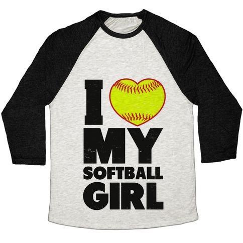Virgin Teez  Baseball Tee Unisex Tri-Blend Baseball Tee / small / Oatmeal / Black I LOVE MY SOFTBALL GIRL (BASEBALL SHIRT) UNISEX TRI-BLEND BASEBALL TEE