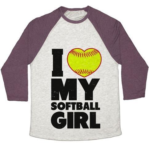 Virgin Teez  Baseball Tee Unisex Tri-Blend Baseball Tee / small / Oatmeal / Maroon I LOVE MY SOFTBALL GIRL (BASEBALL SHIRT) UNISEX TRI-BLEND BASEBALL TEE
