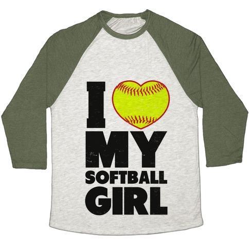 Virgin Teez  Baseball Tee Unisex Tri-Blend Baseball Tee / small / Oatmeal / Moss I LOVE MY SOFTBALL GIRL (BASEBALL SHIRT) UNISEX TRI-BLEND BASEBALL TEE