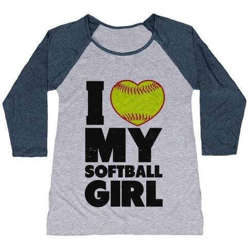 Virgin Teez  Baseball Tee Women's Tri-Blend Baseball Tee / small / Athletic Gray / Navy I LOVE MY SOFTBALL GIRL (BASEBALL SHIRT) WOMEN'S TRI-BLEND BASEBALL TEE