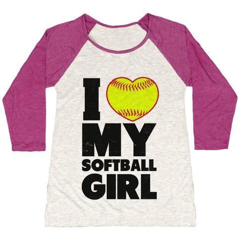 Virgin Teez  Baseball Tee Women's Tri-Blend Baseball Tee / small / Oatmeal / Berry I LOVE MY SOFTBALL GIRL (BASEBALL SHIRT) WOMEN'S TRI-BLEND BASEBALL TEE
