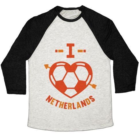 Virgin Teez  Baseball Tee Unisex Tri-Blend Baseball Tee / small / Oatmeal / Black I LOVE NETHERLANDS (SOCCER) UNISEX TRI-BLEND BASEBALL TEE