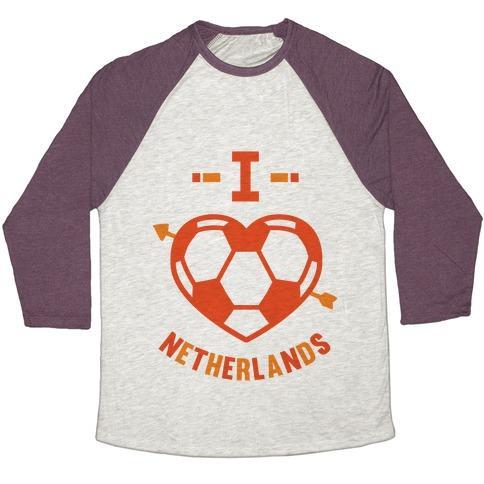 Virgin Teez  Baseball Tee Unisex Tri-Blend Baseball Tee / small / Oatmeal / Maroon I LOVE NETHERLANDS (SOCCER) UNISEX TRI-BLEND BASEBALL TEE