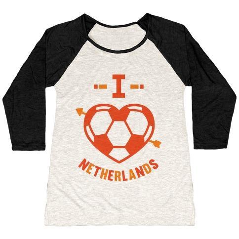 Virgin Teez  Baseball Tee Women's Tri-Blend Baseball Tee / small / Oatmeal / Black I LOVE NETHERLANDS (SOCCER) WOMEN'S TRI-BLEND BASEBALL TEE