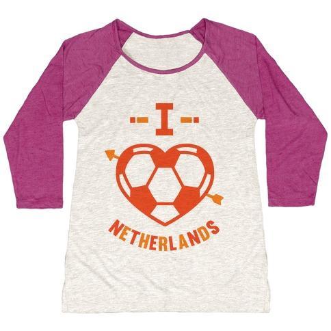 Virgin Teez  Baseball Tee Women's Tri-Blend Baseball Tee / small / Oatmeal / Berry I LOVE NETHERLANDS (SOCCER) WOMEN'S TRI-BLEND BASEBALL TEE