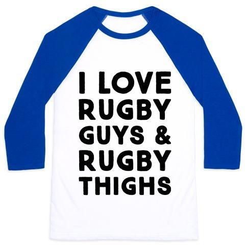 Virgin Teez  Baseball Tee Unisex Classic Baseball Tee / x-small / White/Blue I LOVE RUGBY GUYS & RUGBY THIGHS UNISEX CLASSIC BASEBALL TEE