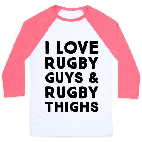 Virgin Teez  Baseball Tee Unisex Classic Baseball Tee / x-small / White/Neon Pink I LOVE RUGBY GUYS & RUGBY THIGHS UNISEX CLASSIC BASEBALL TEE
