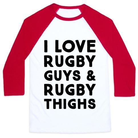 Virgin Teez  Baseball Tee Unisex Classic Baseball Tee / x-small / White/Red I LOVE RUGBY GUYS & RUGBY THIGHS UNISEX CLASSIC BASEBALL TEE