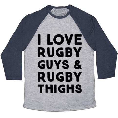 Virgin Teez  Baseball Tee Unisex Tri-Blend Baseball Tee / small / Athletic Gray / Navy I LOVE RUGBY GUYS & RUGBY THIGHS UNISEX TRI-BLEND BASEBALL TEE