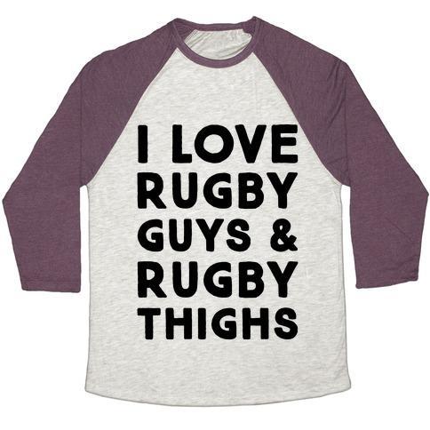 Virgin Teez  Baseball Tee Unisex Tri-Blend Baseball Tee / small / Oatmeal / Maroon I LOVE RUGBY GUYS & RUGBY THIGHS UNISEX TRI-BLEND BASEBALL TEE