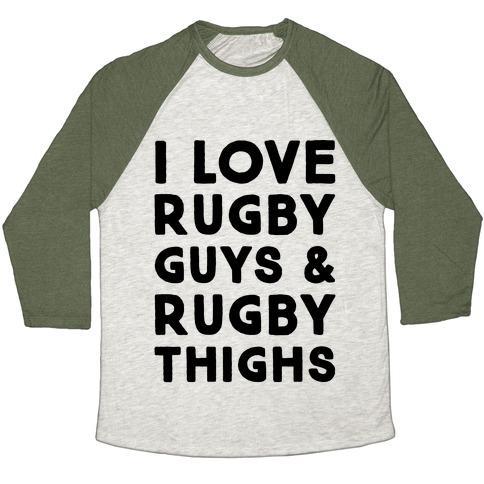 Virgin Teez  Baseball Tee Unisex Tri-Blend Baseball Tee / small / Oatmeal / Moss I LOVE RUGBY GUYS & RUGBY THIGHS UNISEX TRI-BLEND BASEBALL TEE