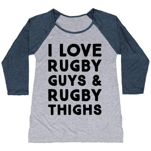 Virgin Teez  Baseball Tee Women's Tri-Blend Baseball Tee / small / Athletic Gray / Navy I LOVE RUGBY GUYS & RUGBY THIGHS WOMEN'S TRI-BLEND BASEBALL TEE