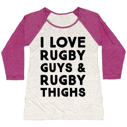 Virgin Teez  Baseball Tee Women's Tri-Blend Baseball Tee / small / Oatmeal / Berry I LOVE RUGBY GUYS & RUGBY THIGHS WOMEN'S TRI-BLEND BASEBALL TEE