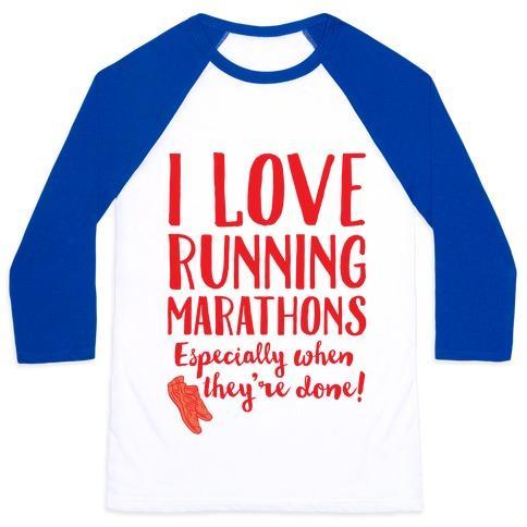 Virgin Teez  Baseball Tee Unisex Classic Baseball Tee / x-small / White/Blue I LOVE RUNNING MARATHONS ESPECIALLY WHEN THEY'RE OVER UNISEX CLASSIC BASEBALL TEE