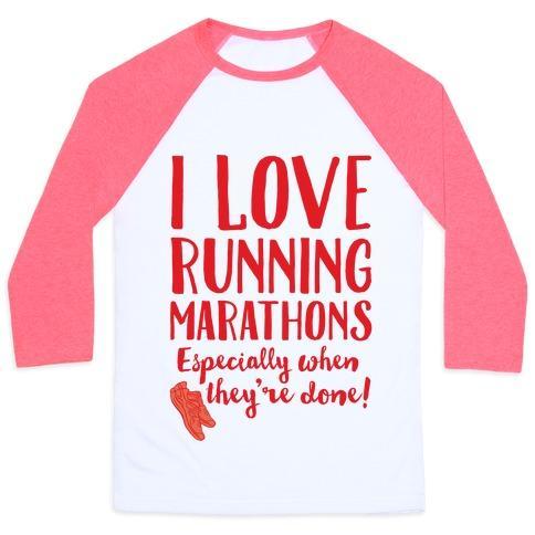 Virgin Teez  Baseball Tee Unisex Classic Baseball Tee / x-small / White/Neon Pink I LOVE RUNNING MARATHONS ESPECIALLY WHEN THEY'RE OVER UNISEX CLASSIC BASEBALL TEE