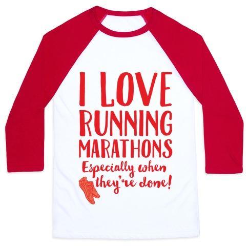 Virgin Teez  Baseball Tee Unisex Classic Baseball Tee / x-small / White/Red I LOVE RUNNING MARATHONS ESPECIALLY WHEN THEY'RE OVER UNISEX CLASSIC BASEBALL TEE