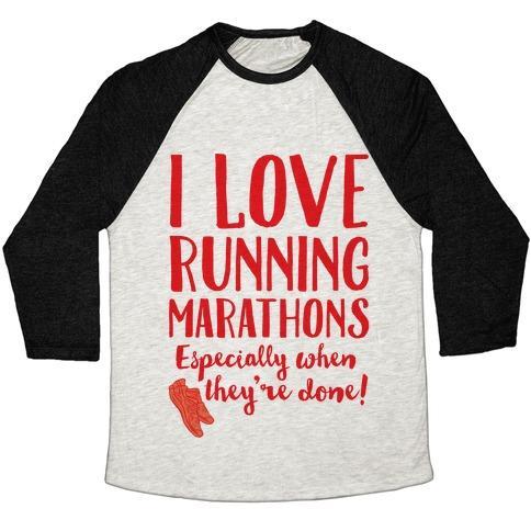 Virgin Teez  Baseball Tee Unisex Tri-Blend Baseball Tee / small / Oatmeal / Black I LOVE RUNNING MARATHONS ESPECIALLY WHEN THEY'RE OVER UNISEX TRI-BLEND BASEBALL TEE