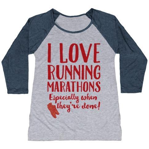 Virgin Teez  Baseball Tee Women's Tri-Blend Baseball Tee / small / Athletic Gray / Navy I LOVE RUNNING MARATHONS ESPECIALLY WHEN THEY'RE OVER WOMEN'S TRI-BLEND BASEBALL TEE
