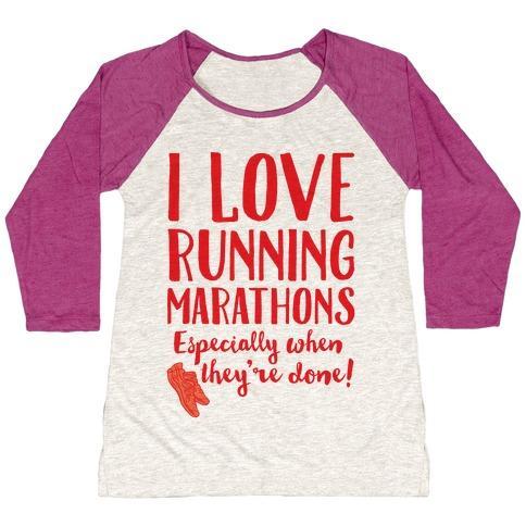 Virgin Teez  Baseball Tee Women's Tri-Blend Baseball Tee / small / Oatmeal / Berry I LOVE RUNNING MARATHONS ESPECIALLY WHEN THEY'RE OVER WOMEN'S TRI-BLEND BASEBALL TEE