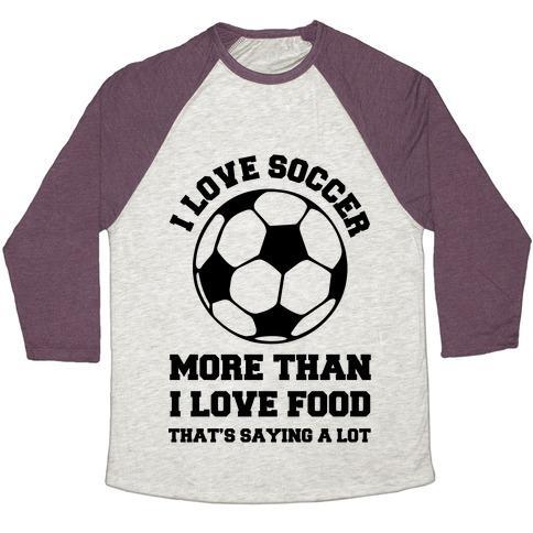 Virgin Teez  Baseball Tee Unisex Tri-Blend Baseball Tee / small / Oatmeal / Maroon I LOVE SOCCER MORE THAN FOOD UNISEX TRI-BLEND BASEBALL TEE