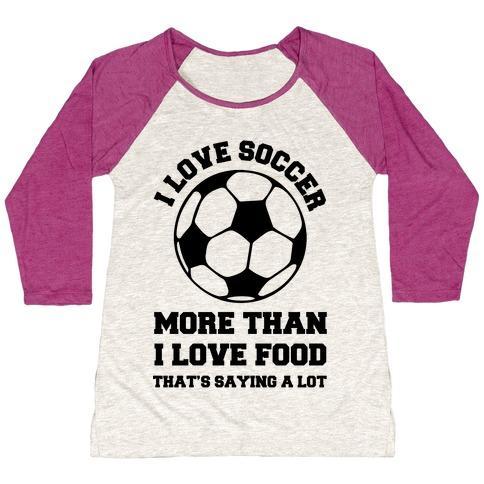 Virgin Teez  Baseball Tee Women's Tri-Blend Baseball Tee / small / Oatmeal / Berry I LOVE SOCCER MORE THAN FOOD WOMEN'S TRI-BLEND BASEBALL TEE