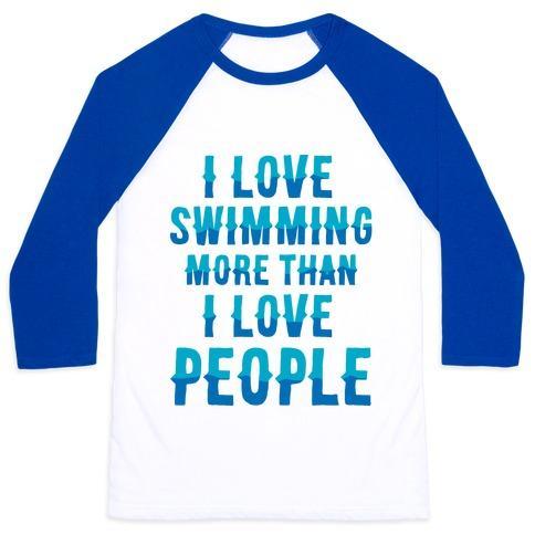 Virgin Teez  Baseball Tee Unisex Classic Baseball Tee / x-small / White/Blue I LOVE SWIMMING MORE THAN I LOVE PEOPLE UNISEX CLASSIC BASEBALL TEE
