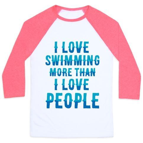 Virgin Teez  Baseball Tee Unisex Classic Baseball Tee / x-small / White/Neon Pink I LOVE SWIMMING MORE THAN I LOVE PEOPLE UNISEX CLASSIC BASEBALL TEE