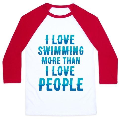 Virgin Teez  Baseball Tee Unisex Classic Baseball Tee / x-small / White/Red I LOVE SWIMMING MORE THAN I LOVE PEOPLE UNISEX CLASSIC BASEBALL TEE
