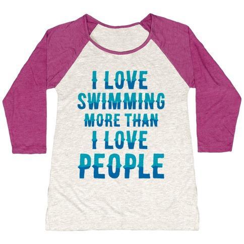 Virgin Teez  Baseball Tee Women's Tri-Blend Baseball Tee / small / Oatmeal / Berry I LOVE SWIMMING MORE THAN I LOVE PEOPLE WOMEN'S TRI-BLEND BASEBALL TEE