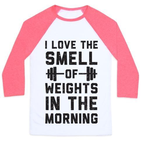 Virgin Teez  Baseball Tee Unisex Classic Baseball Tee / x-small / White/Neon Pink I LOVE THE SMELL OF WEIGHTS IN THE MORNING UNISEX CLASSIC BASEBALL TEE