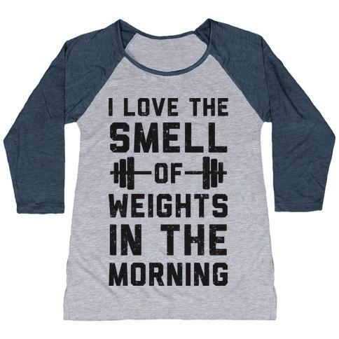 Virgin Teez  Baseball Tee Women's Tri-Blend Baseball Tee / small / Athletic Gray / Navy I LOVE THE SMELL OF WEIGHTS IN THE MORNING WOMEN'S TRI-BLEND BASEBALL TEE
