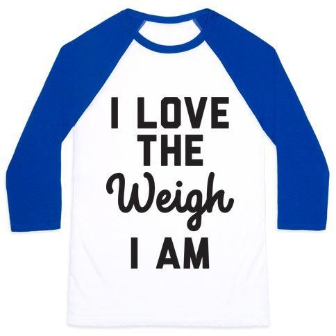 Virgin Teez  Baseball Tee Unisex Classic Baseball Tee / x-small / White/Blue I LOVE THE WEIGH I AM UNISEX CLASSIC BASEBALL TEE
