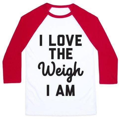 Virgin Teez  Baseball Tee Unisex Classic Baseball Tee / x-small / White/Red I LOVE THE WEIGH I AM UNISEX CLASSIC BASEBALL TEE